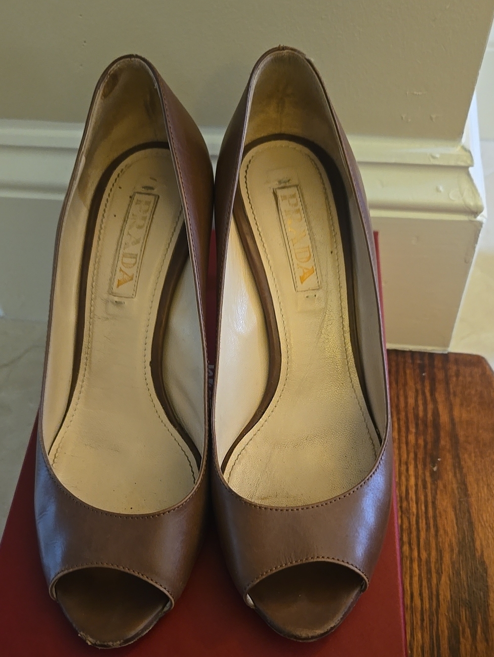 Prada Brown Leather Peep-Toe Heels